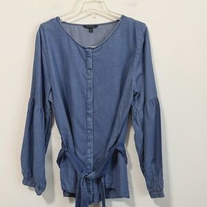 Banana Republic Chambray Blouse Top XL Blue‎ Belted Balloon Sleeve Lyocell NEW
